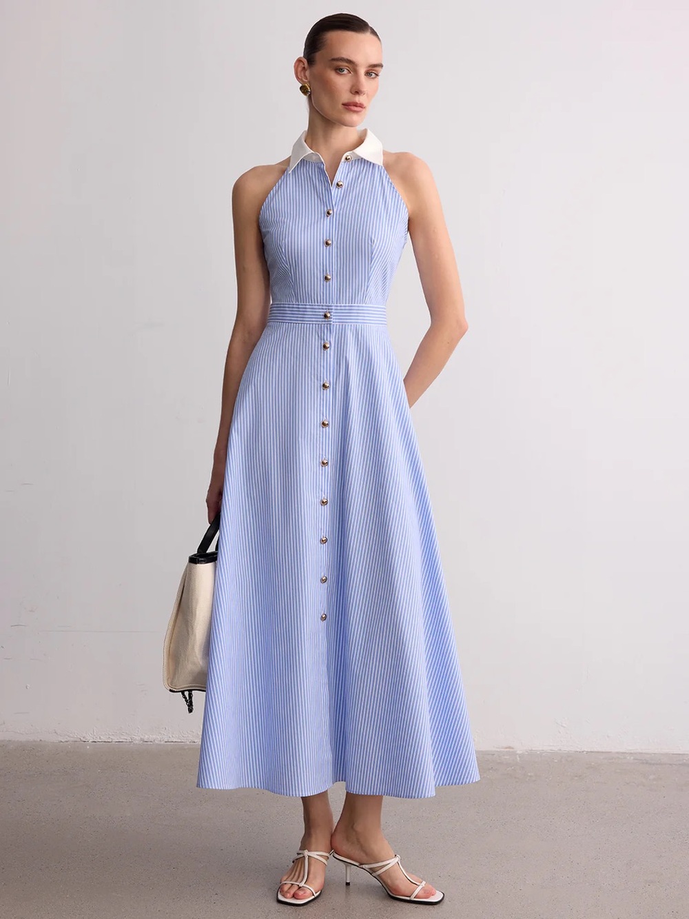 COMMENSE Collared Striped Sleeveless Buttoned Maxi Dress - size XSmall